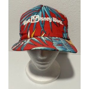 Vintage 80s Walt Disney World Hawaiian Print Snapback Hat Cap Made in USA Red